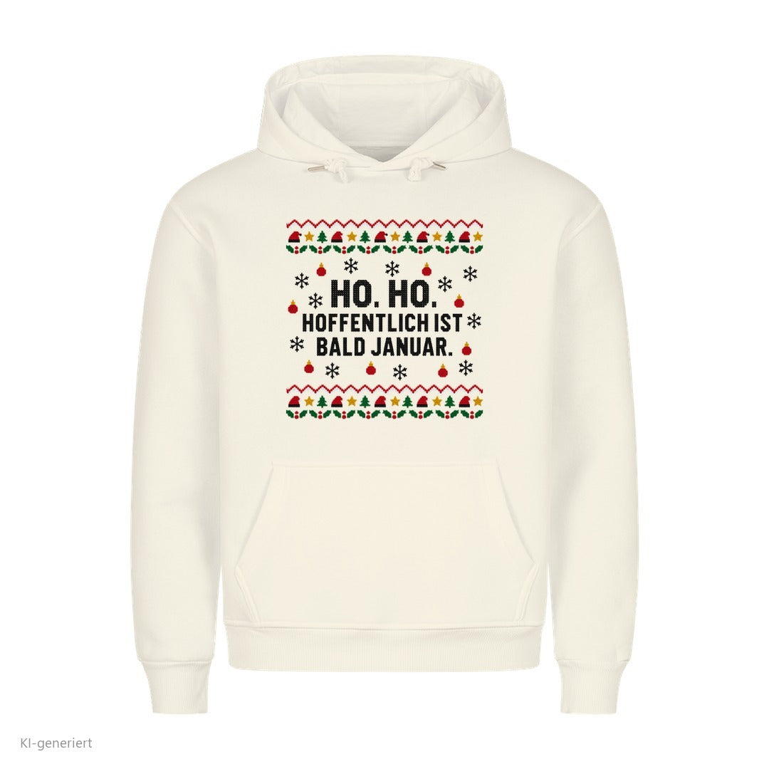 Weihnachtshoodie mit Spruch Hoffentlich ist bald Januar - Ugly Christmas Hoodie in Weiß