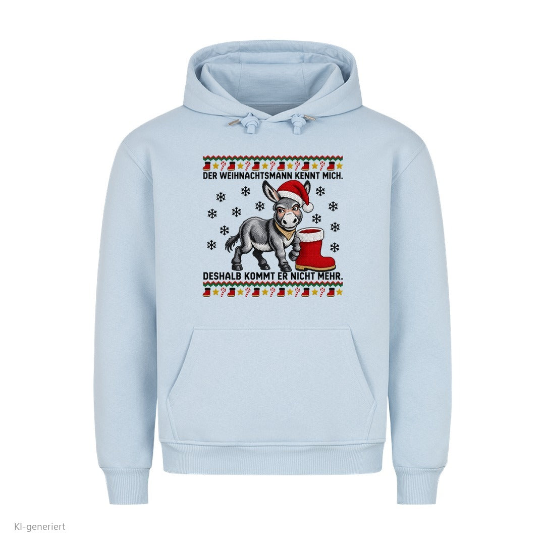Esel Weihnachtshoodie Der Weihnachtsmann kennt mich - Ugly Christmas Hoodie in Babyblau
