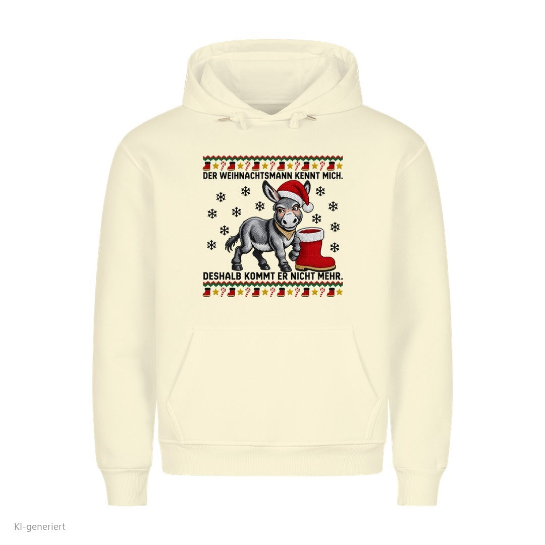 Esel Weihnachtshoodie Der Weihnachtsmann kennt mich - Ugly Christmas Hoodie in Beige