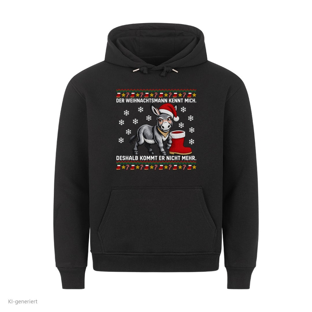 Esel Weihnachtshoodie Der Weihnachtsmann kennt mich - Ugly Christmas Hoodie in Schwarz