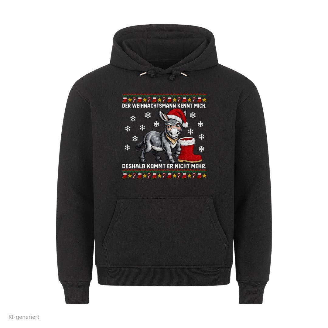 Esel Weihnachtshoodie Der Weihnachtsmann kennt mich - Ugly Christmas Hoodie in Schwarz