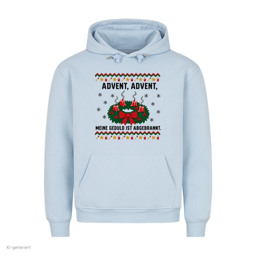 Adventskranz Weihnachtshoodie Meine Geduld ist abgebrannt - Ugly Christmas Hoodie in Babyblau