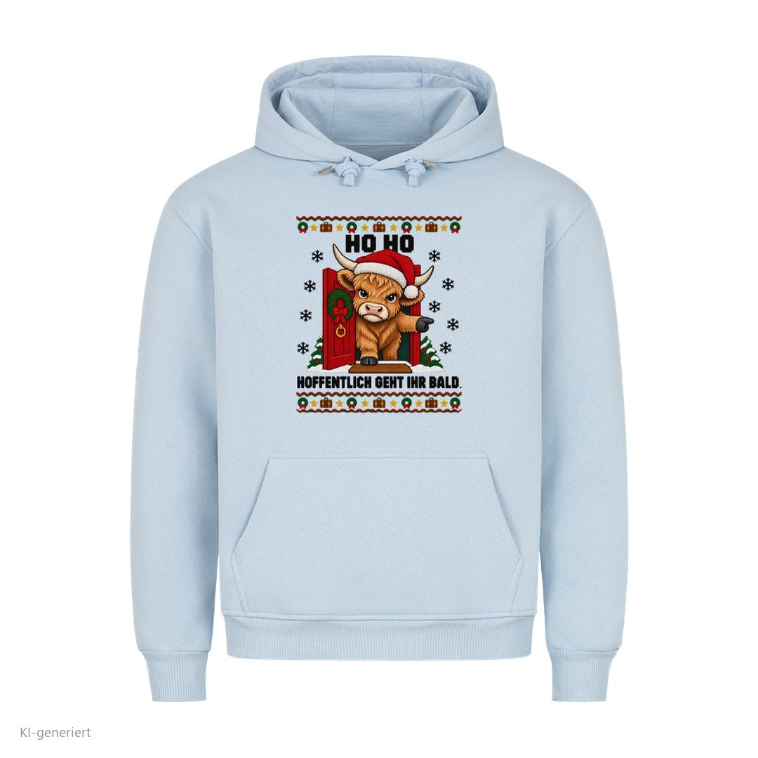 Hochlandrind Weihnachtshoodie Hoffentlich geht ihr bald - Ugly Christmas Hoodie in Babyblau
