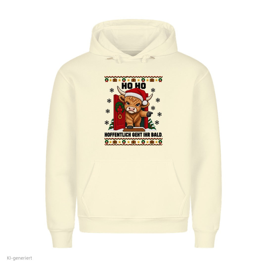 Hochlandrind Weihnachtshoodie Hoffentlich geht ihr bald - Ugly Christmas Hoodie in Beige