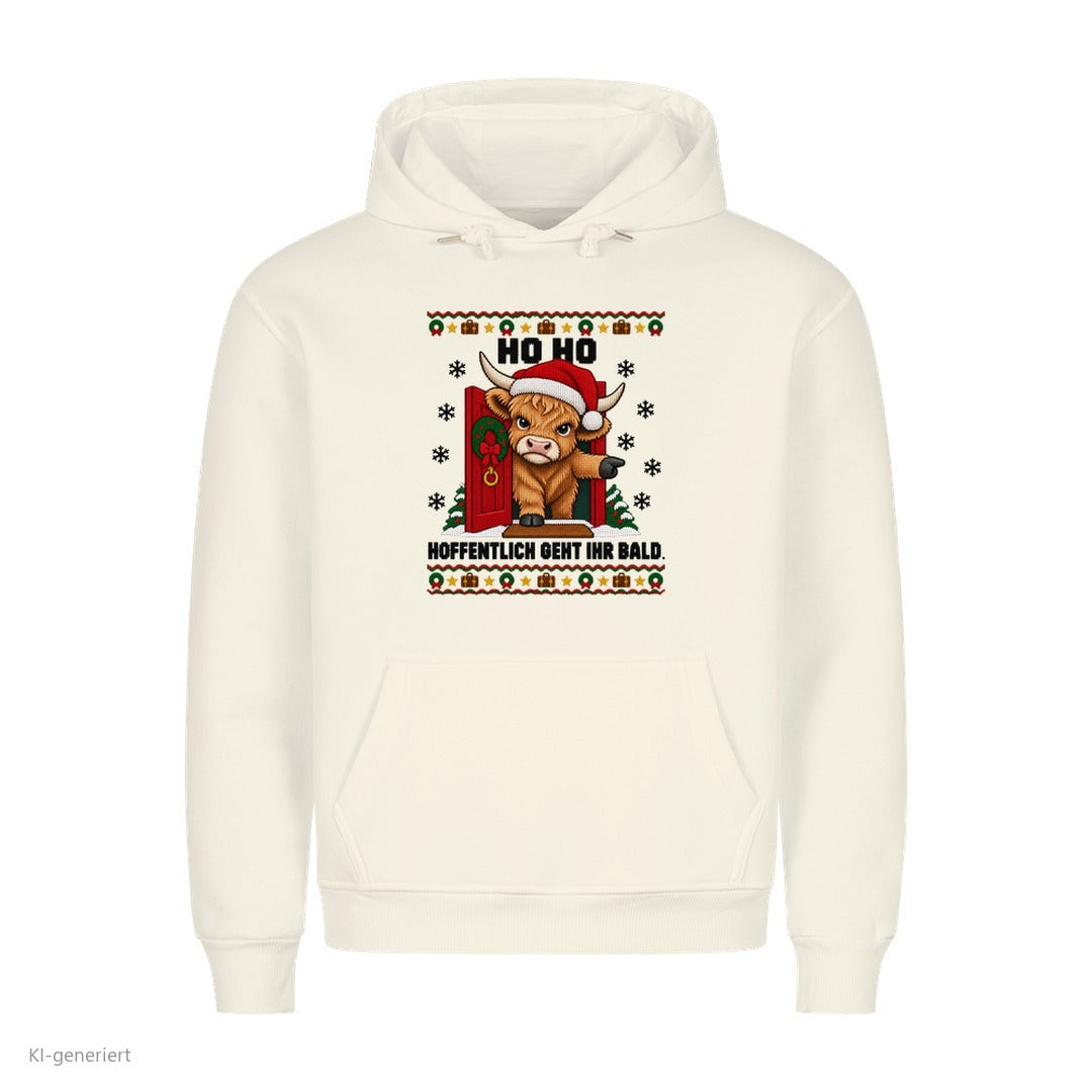 Hochlandrind Weihnachtshoodie Hoffentlich geht ihr bald - Ugly Christmas Hoodie in Weiß