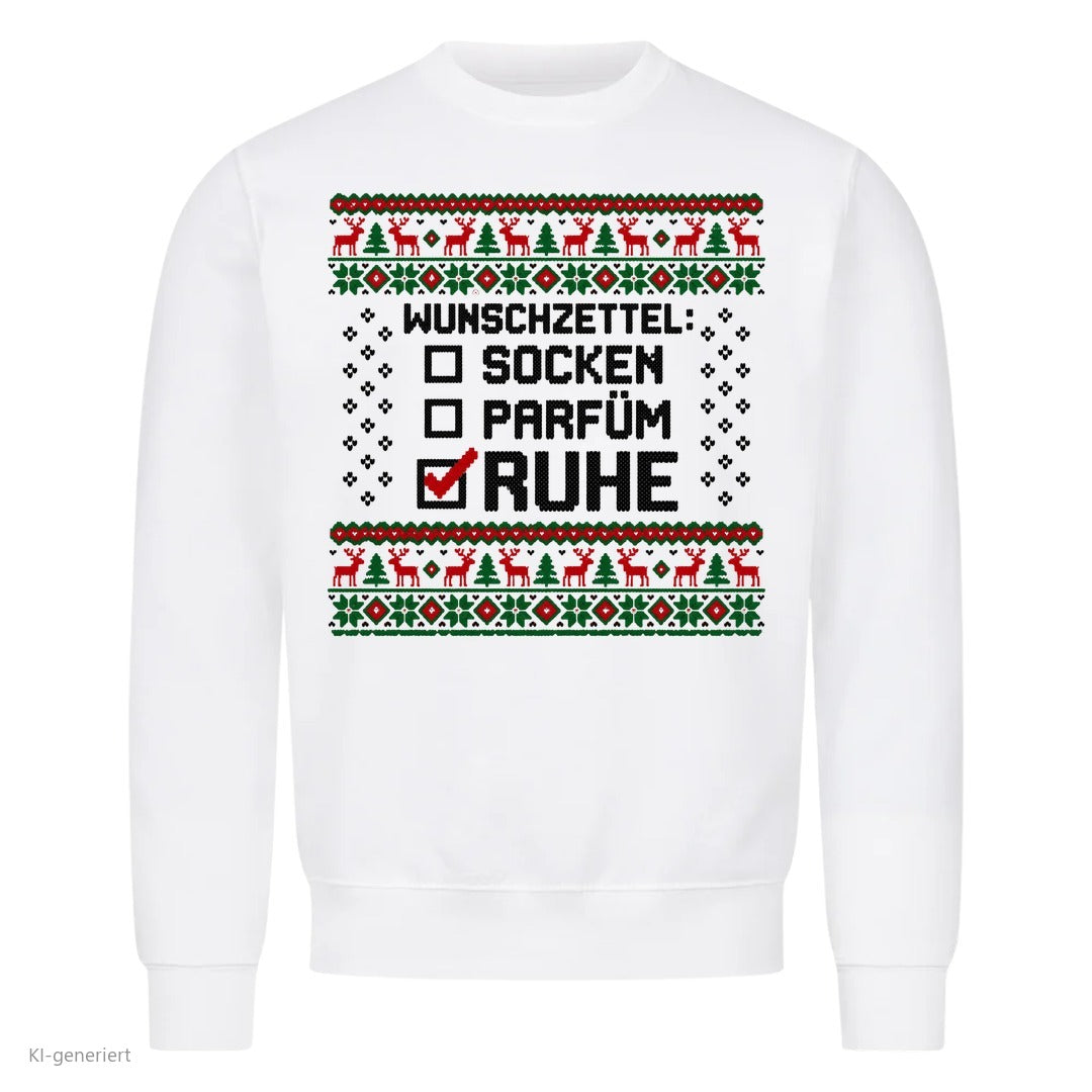 Weihnachtspullover mit Spruch Socken, Parfüm, Ruhe - Ugly Christmas Sweater in Weiß
