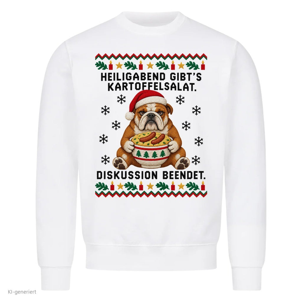 Bulldogge Weihnachtspullover Kartoffelsalat, Diskussion beendet - Ugly Christmas Sweater in Weiß