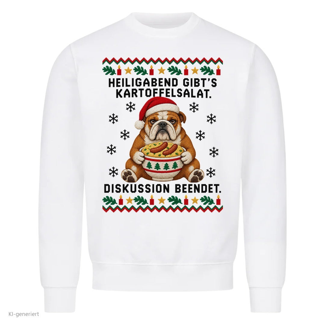 Bulldogge Weihnachtspullover Kartoffelsalat, Diskussion beendet - Ugly Christmas Sweater in Weiß
