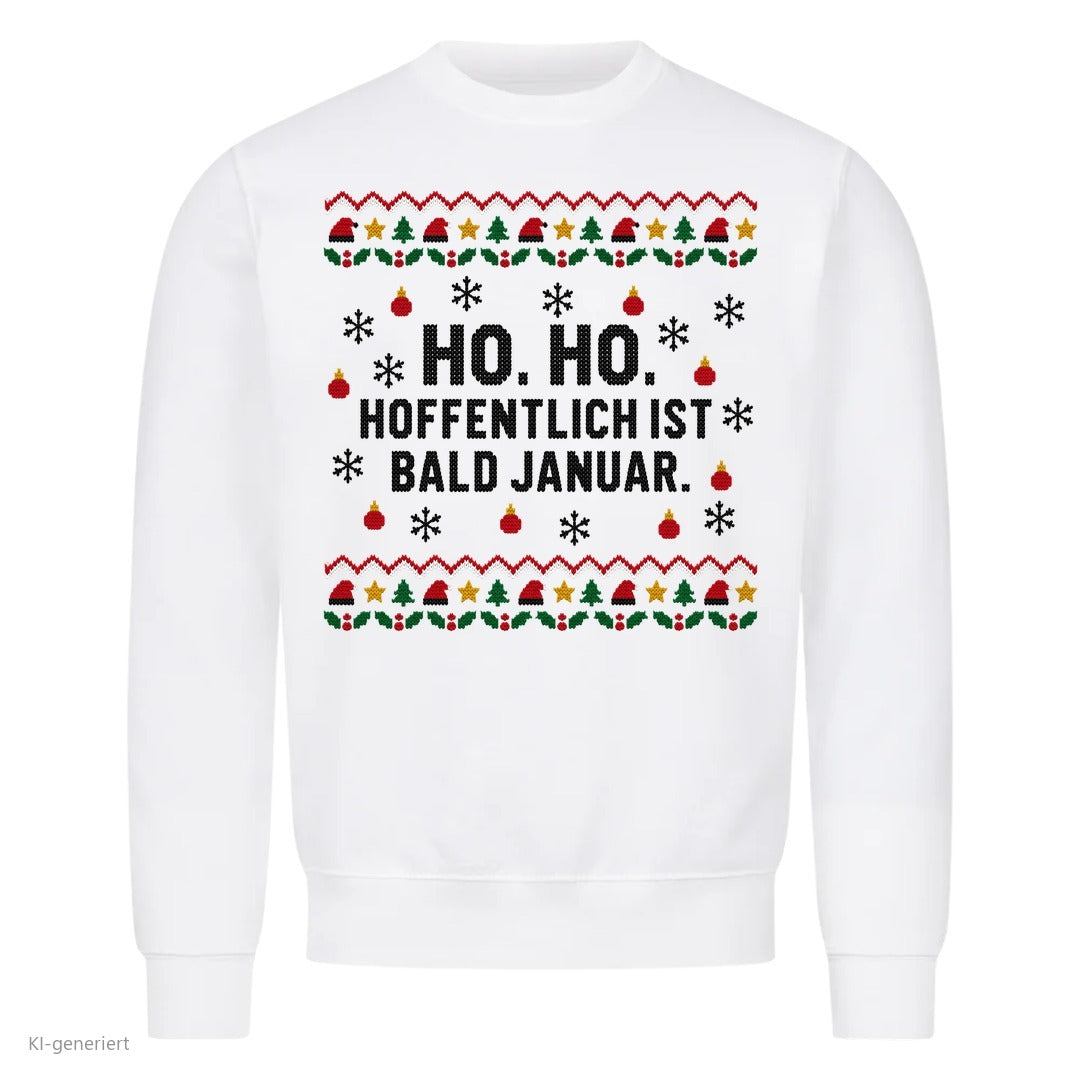 Weihnachtspullover mit Spruch Hoffentlich ist bald Januar - Ugly Christmas Sweater in Weiß