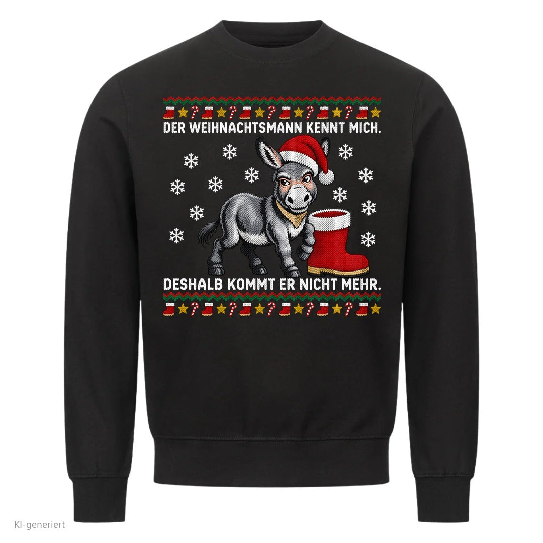 Esel Weihnachtspullover Der Weihnachtsmann kennt mich - Ugly Christmas Sweater in Schwarz