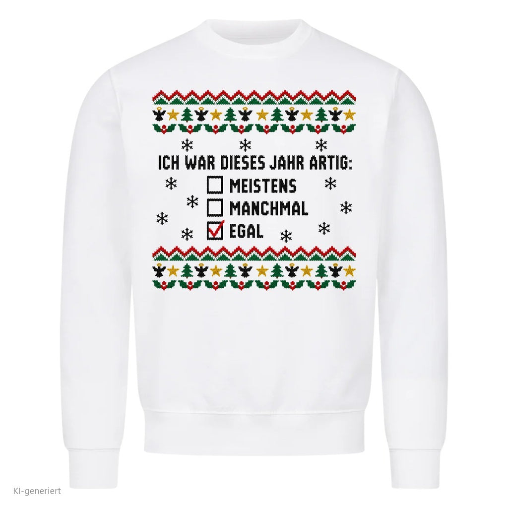 Weihnachtspullover mit Spruch Artig? Egal - Ugly Christmas Sweater in Weiß