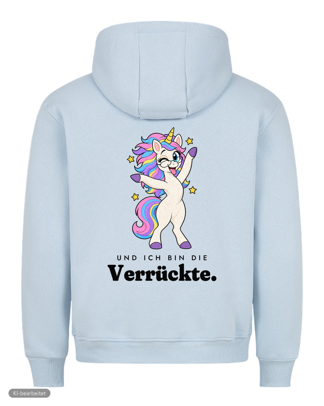 Die Vernünftige und die Verrückte Partnerlook Hoodies: Rückendruck, Hoodie Die Verrückte in Babyblau