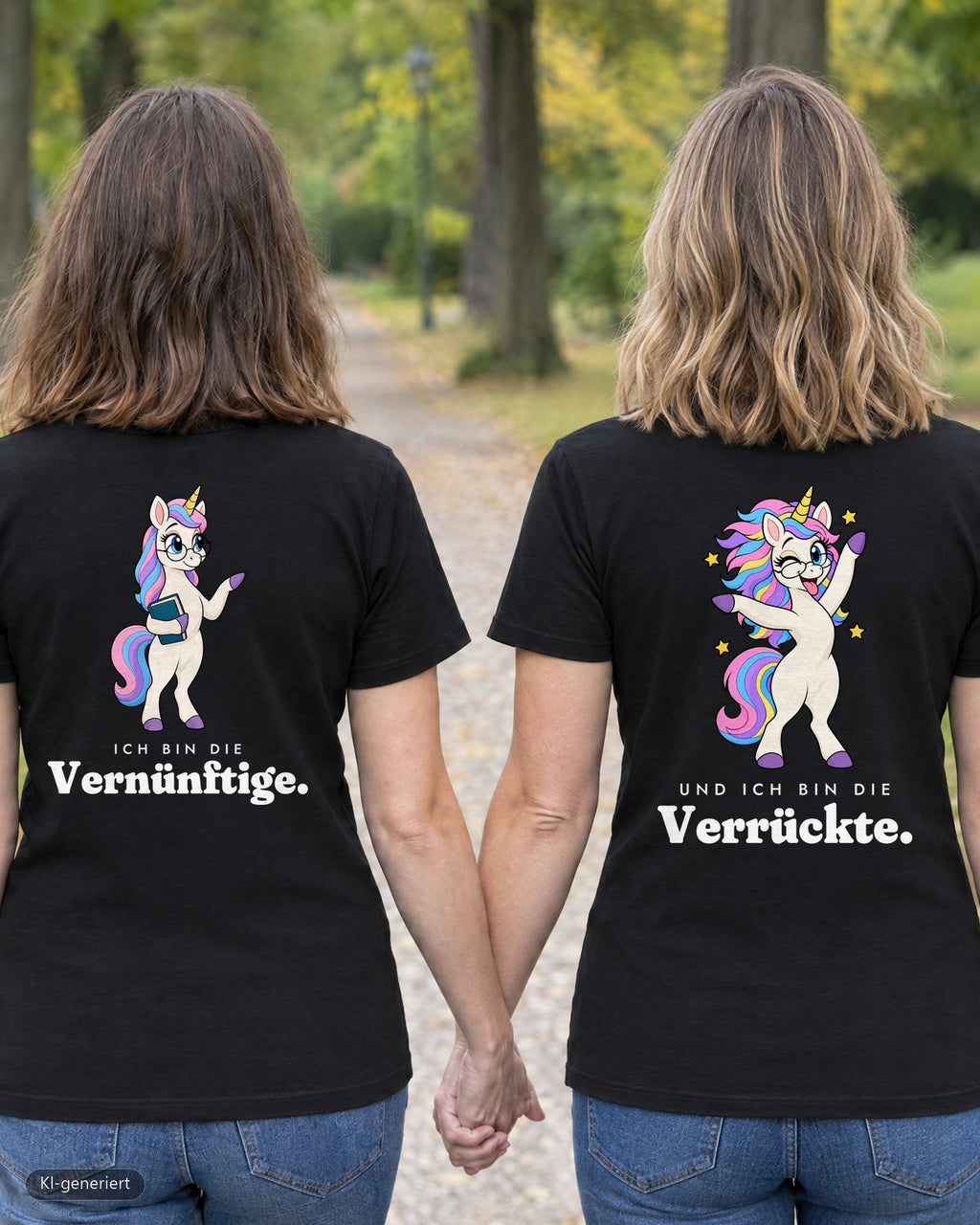 Die Vernünftige und die Verrückte Partnerlook T-Shirts: zwei Freundinnen von hinten im Park, Rückendruck auf beiden Shirts