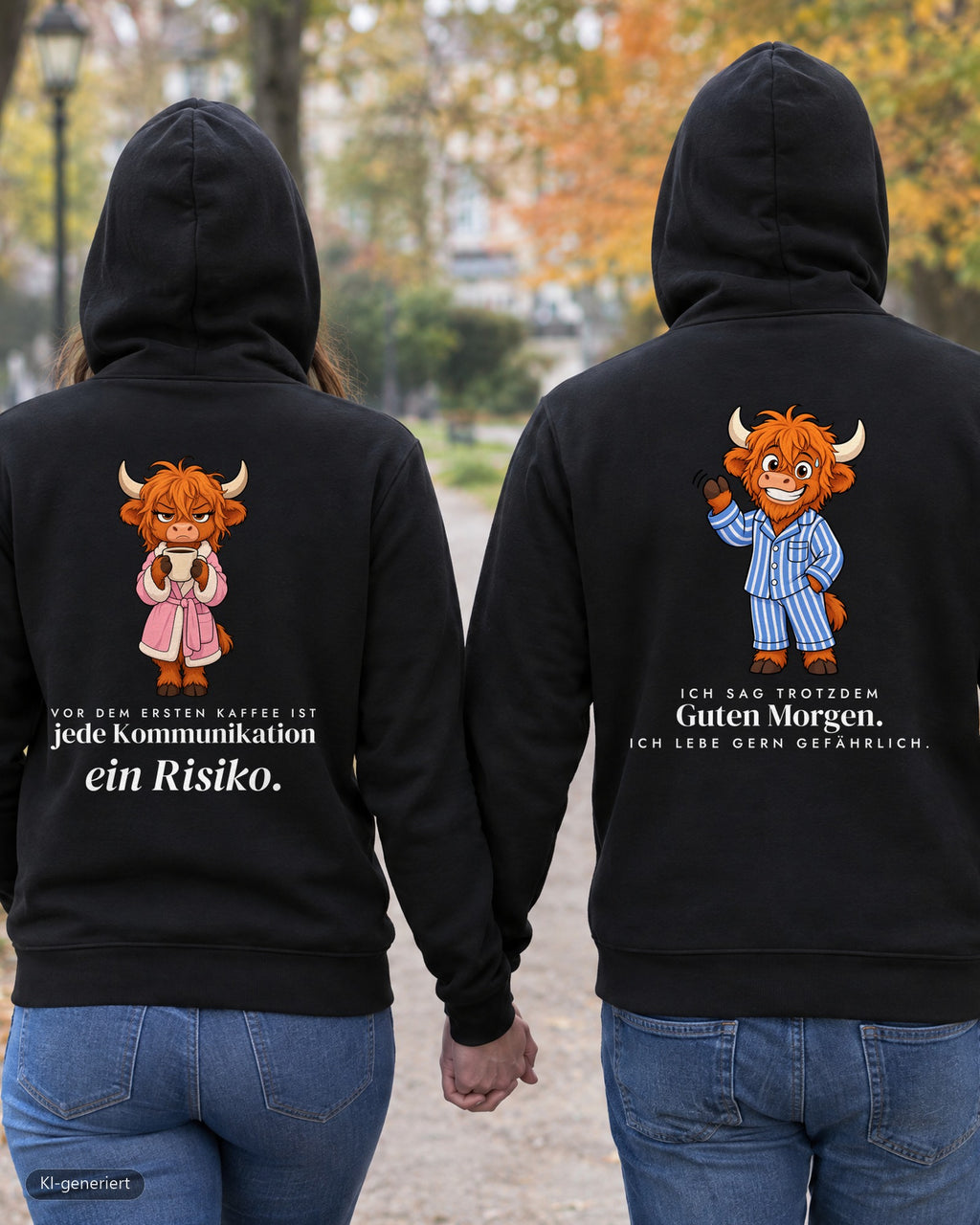 Vor dem ersten Kaffee Partnerlook Hoodies: Paar von hinten im Park, Rückendruck auf beiden Hoodies