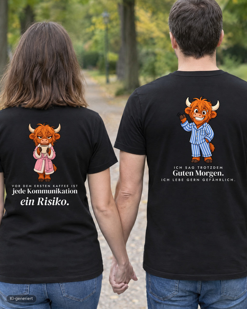 Vor dem ersten Kaffee Partnerlook T-Shirts: Paar von hinten im Park, Rückendruck auf beiden Shirts
