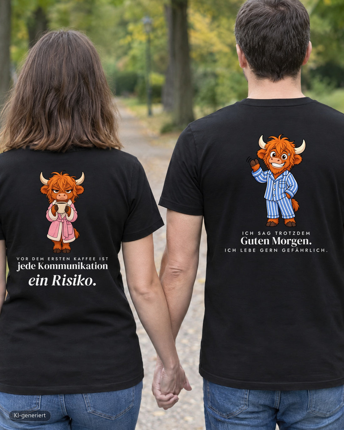 Vor dem ersten Kaffee Partnerlook T-Shirts: Paar von hinten im Park, Rückendruck auf beiden Shirts