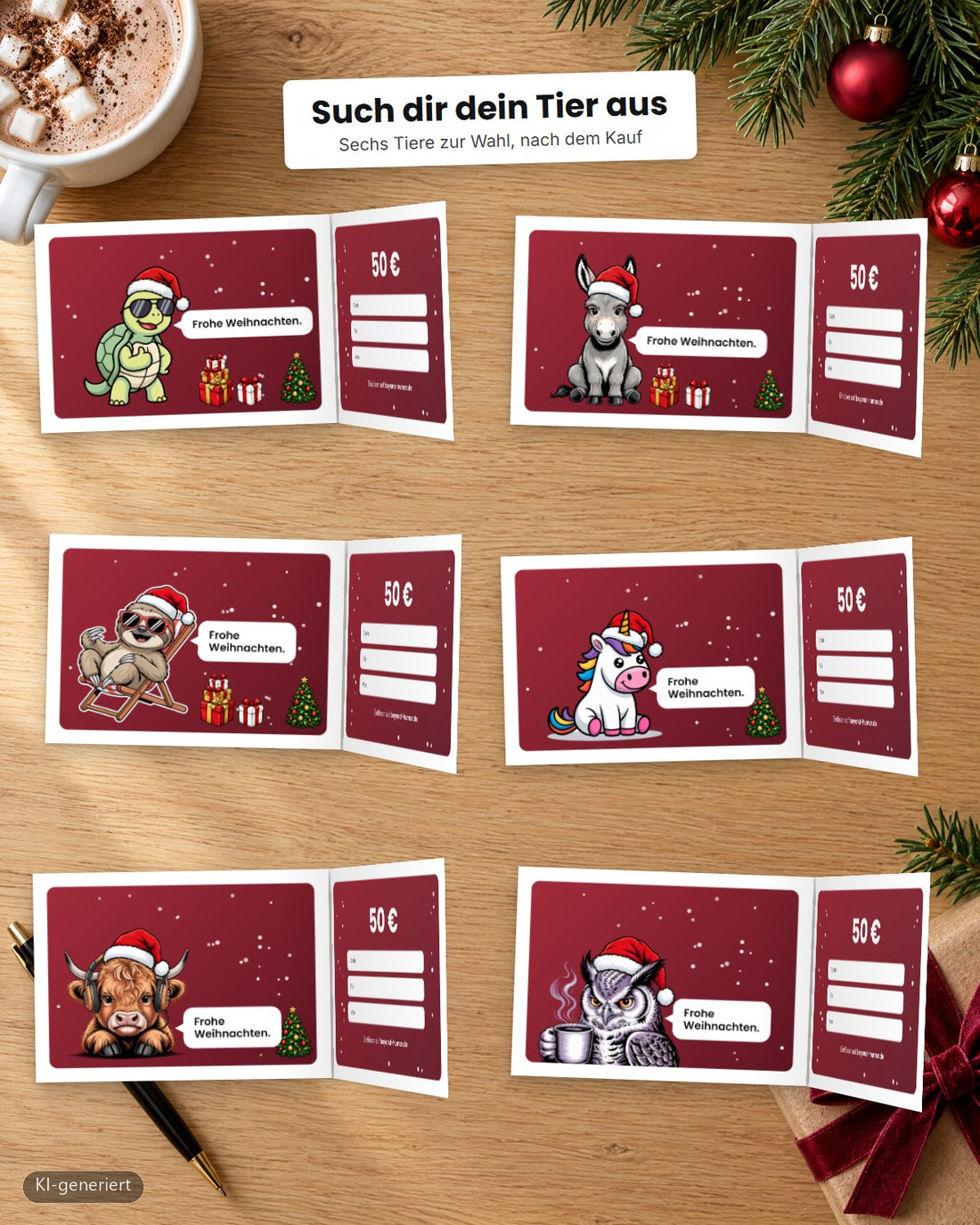 Weihnachtsgutschein Beyond Humor mit sechs Tieren mit Weihnachtsmütze zur Wahl