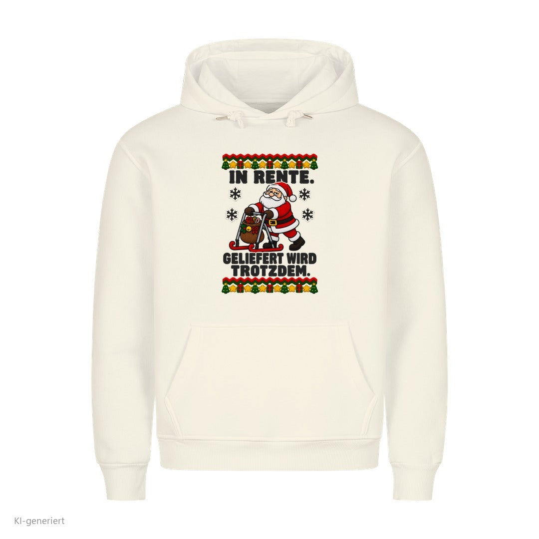 Weihnachtsmann Weihnachtshoodie In Rente, geliefert wird trotzdem - Ugly Christmas Hoodie in Weiß
