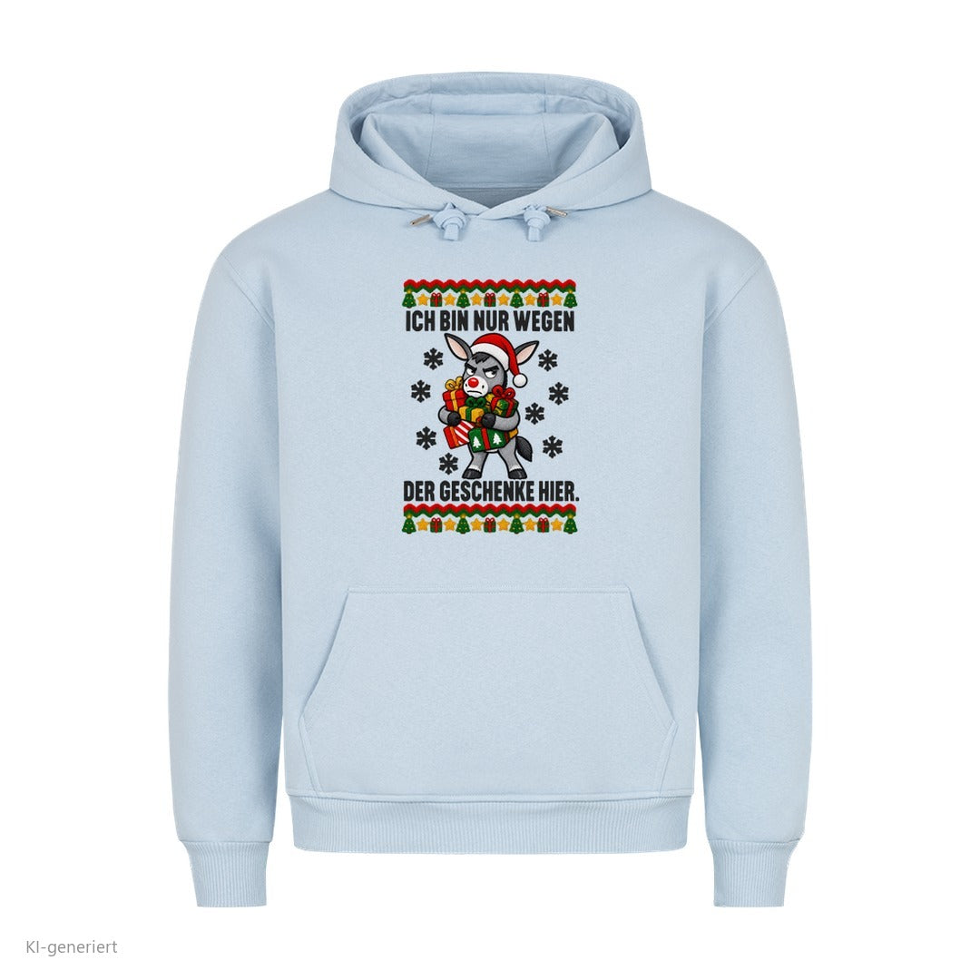 Esel Weihnachtshoodie Nur wegen der Geschenke - Ugly Christmas Hoodie in Babyblau