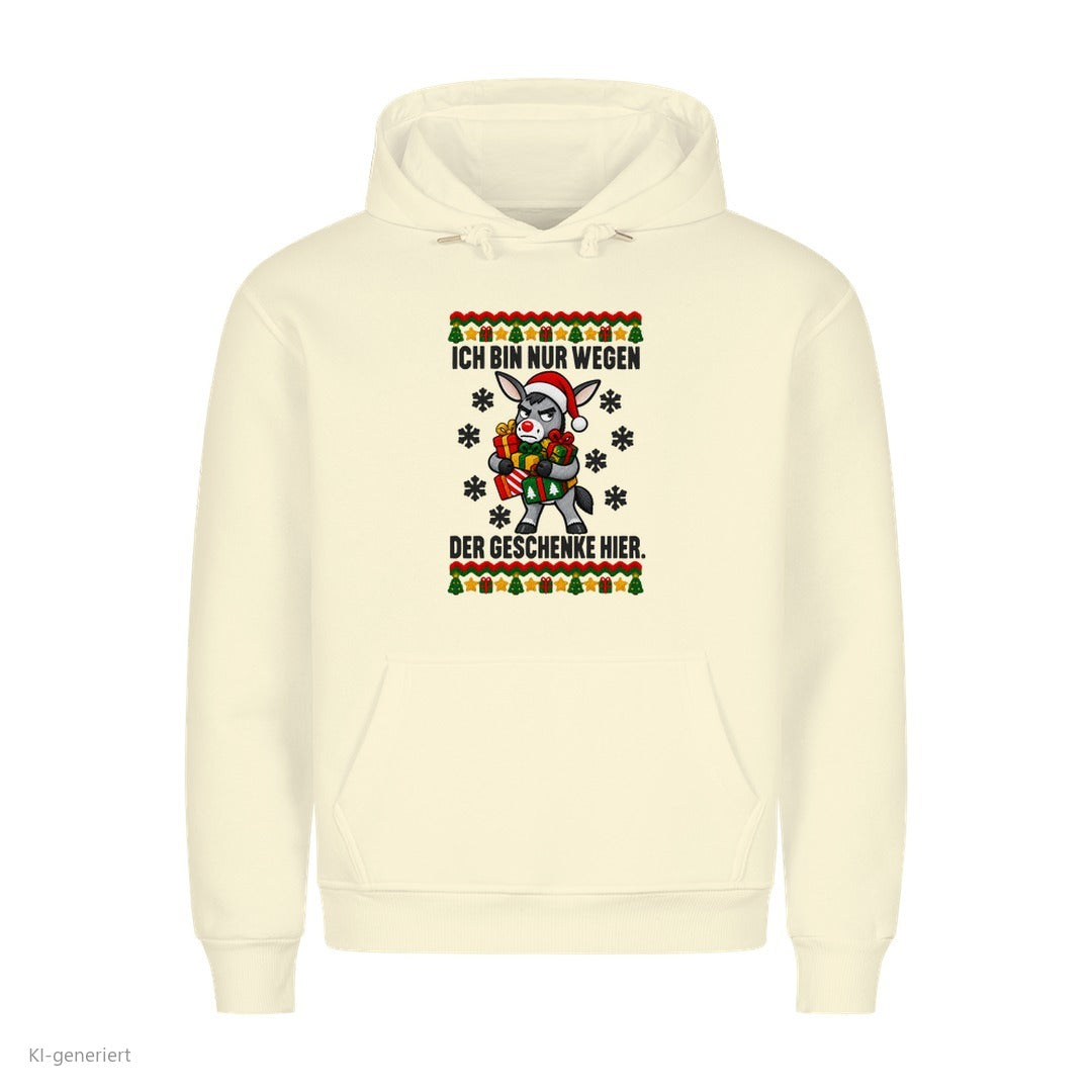 Esel Weihnachtshoodie Nur wegen der Geschenke - Ugly Christmas Hoodie in Beige