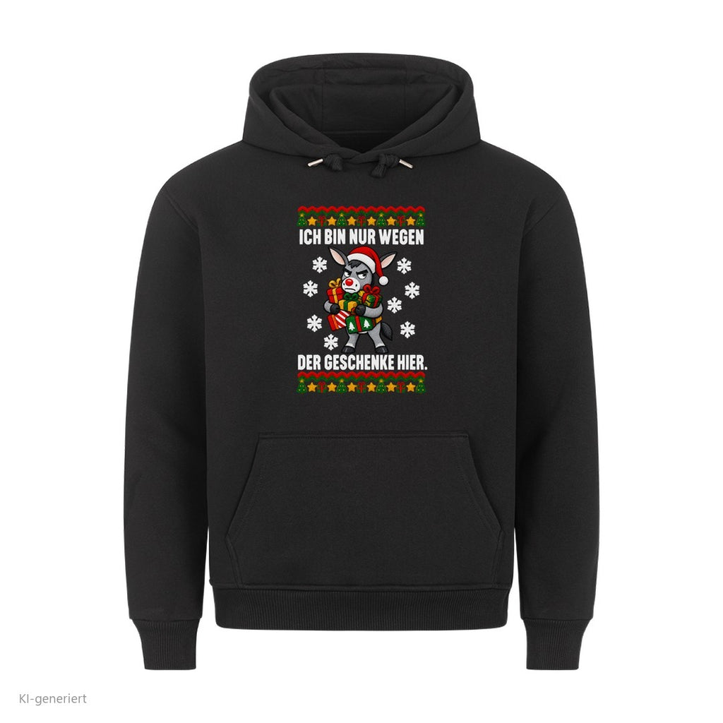 Esel Weihnachtshoodie Nur wegen der Geschenke - Ugly Christmas Hoodie in Schwarz