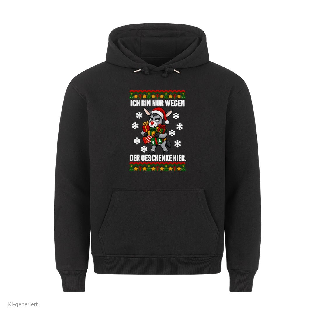 Esel Weihnachtshoodie Nur wegen der Geschenke - Ugly Christmas Hoodie in Schwarz