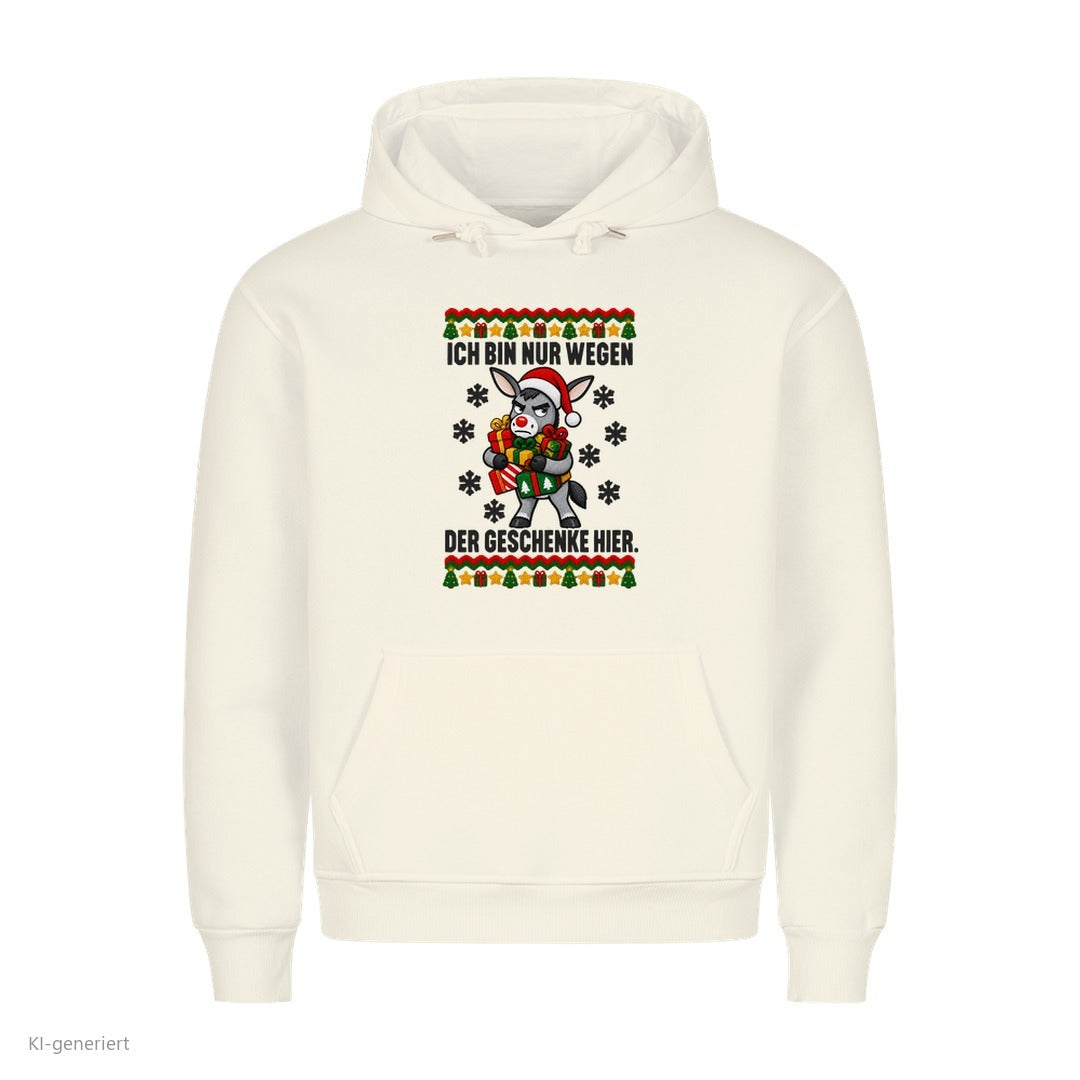 Esel Weihnachtshoodie Nur wegen der Geschenke - Ugly Christmas Hoodie in Weiß