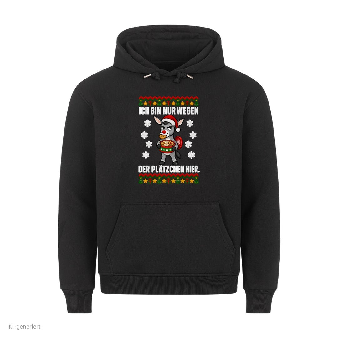 Esel Weihnachtshoodie Nur wegen der Plätzchen - Ugly Christmas Hoodie in Schwarz