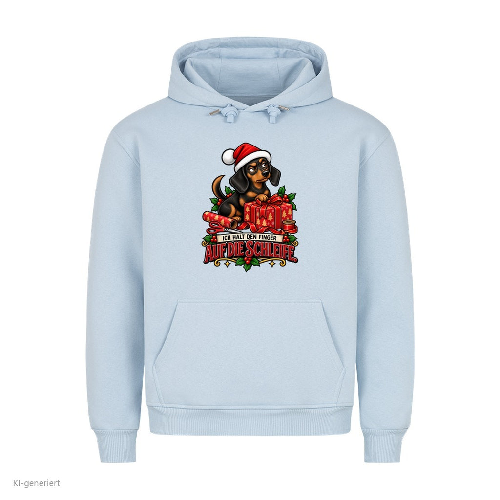 Partner Weihnachtshoodies Dackel: Ich halt den Finger auf die Schleife - Hoodie in Babyblau