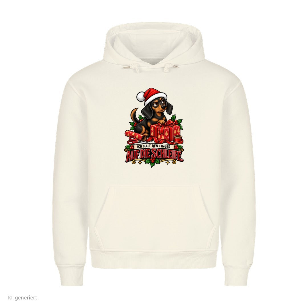 Partner Weihnachtshoodies Dackel: Ich halt den Finger auf die Schleife - Hoodie in Weiß