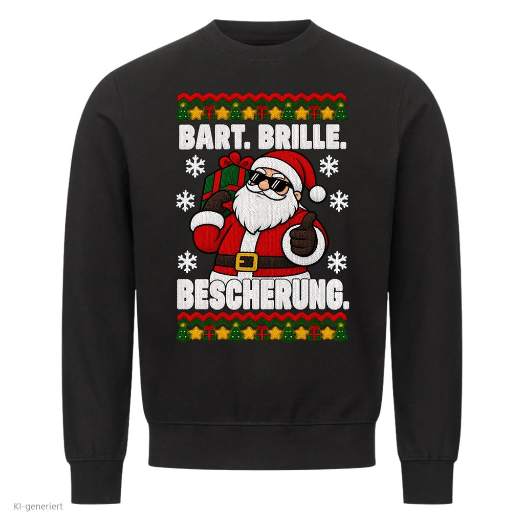 Weihnachtsmann Weihnachtspullover Bart, Brille, Bescherung - Ugly Christmas Sweater in Schwarz