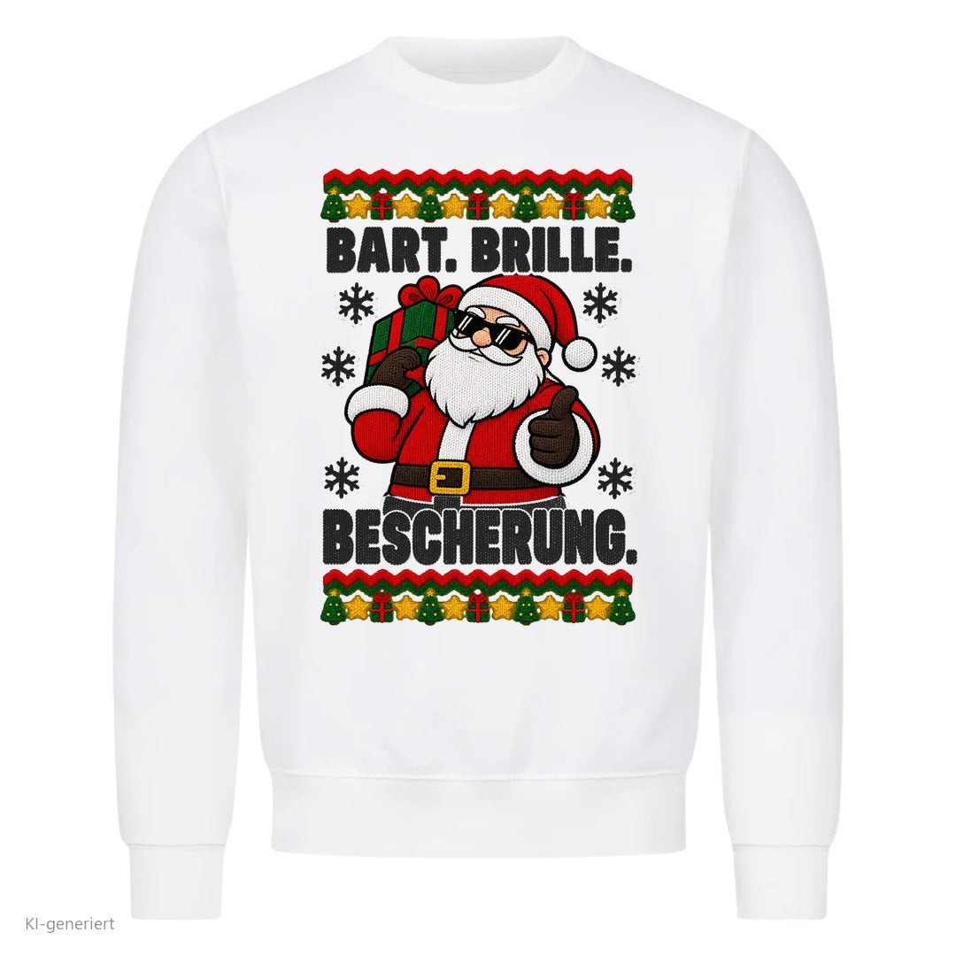 Weihnachtsmann Weihnachtspullover Bart, Brille, Bescherung - Ugly Christmas Sweater in Weiß