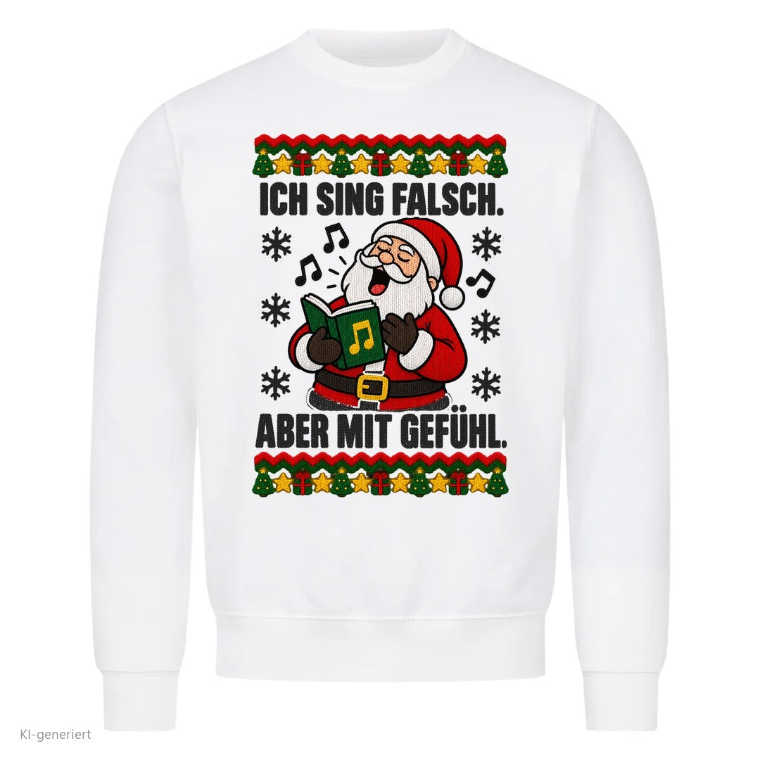 Weihnachtsmann Weihnachtspullover Ich sing falsch, aber mit Gefühl - Ugly Christmas Sweater in Weiß