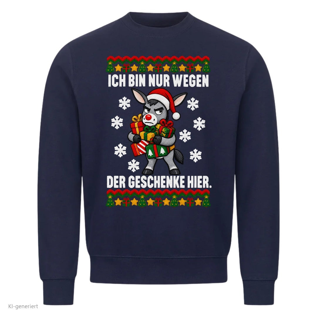 Esel Weihnachtspullover Nur wegen der Geschenke - Ugly Christmas Sweater in Navy