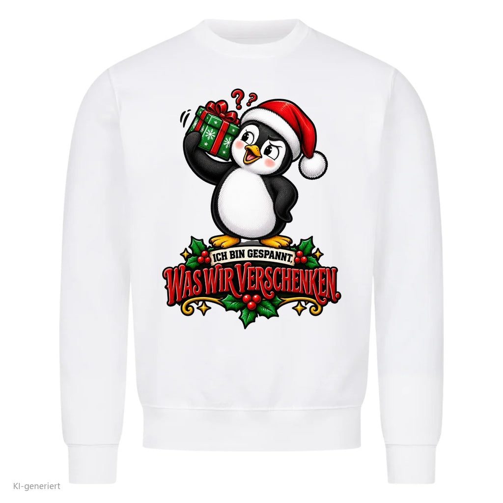 Partner Weihnachtspullover Pinguin: Ich bin gespannt, was wir verschenken - Sweatshirt in Weiß