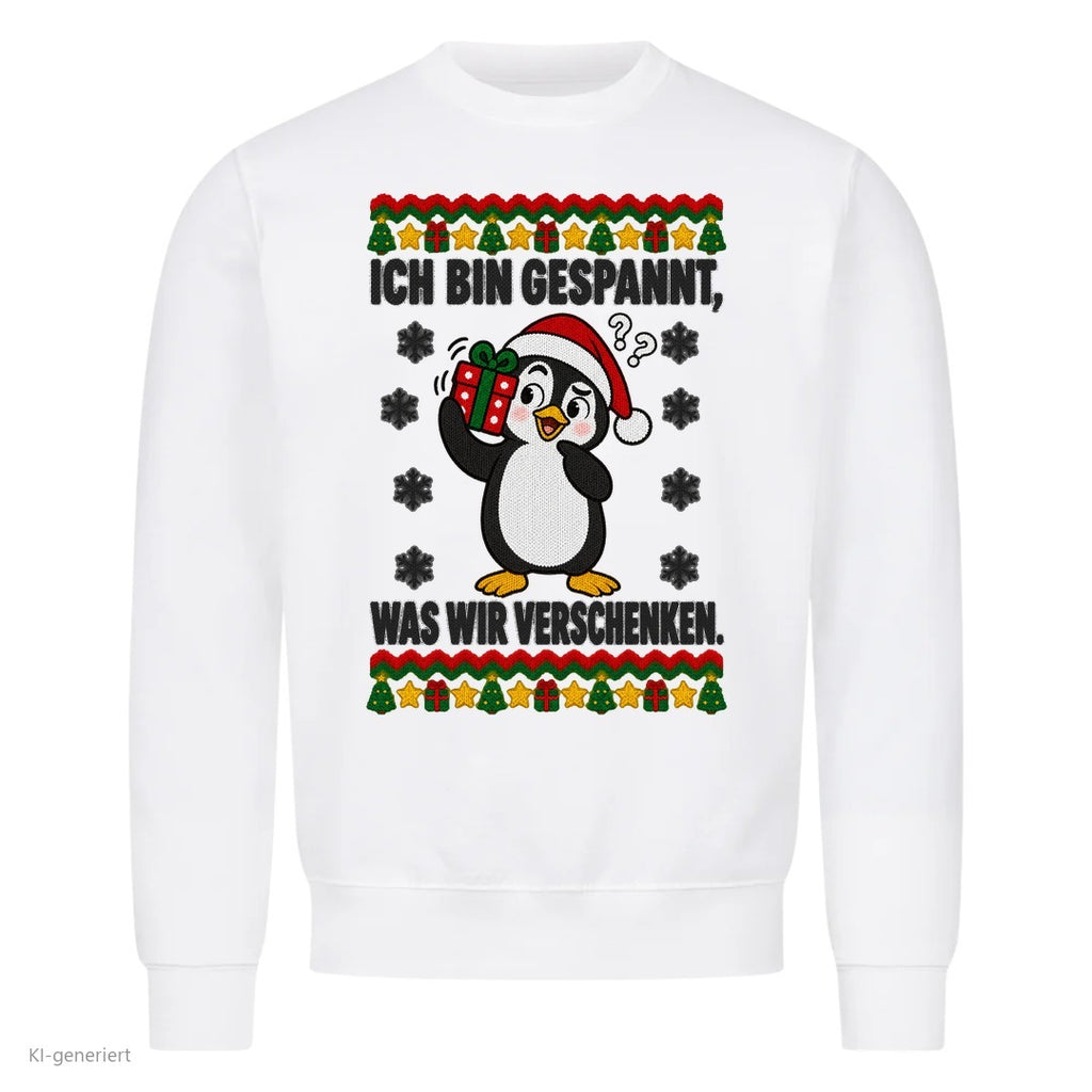 Partner Weihnachtspullover Pinguin: Ich bin gespannt, was wir verschenken - Sweatshirt in Weiß