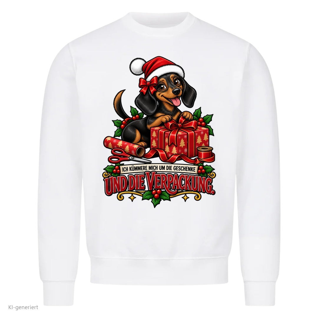 Partner Weihnachtspullover Dackel: Ich kümmere mich um die Geschenke und die Verpackung - Sweatshirt in Weiß