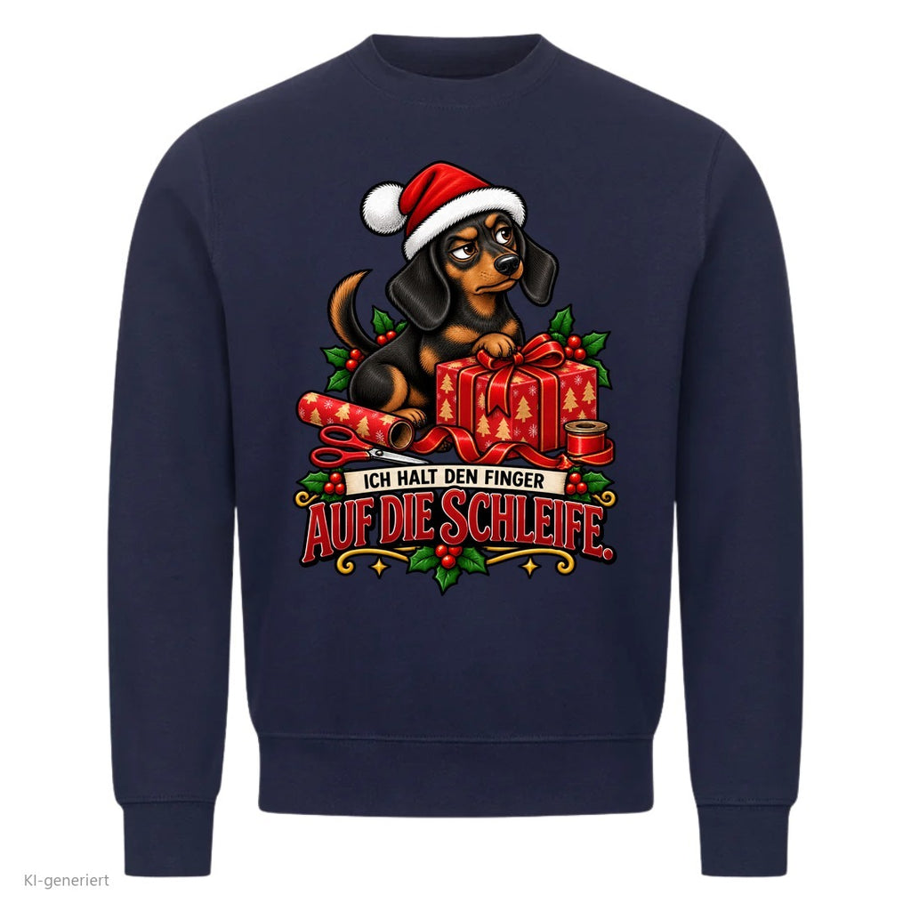 Partner Weihnachtspullover Dackel: Ich halt den Finger auf die Schleife - Sweatshirt in Navy