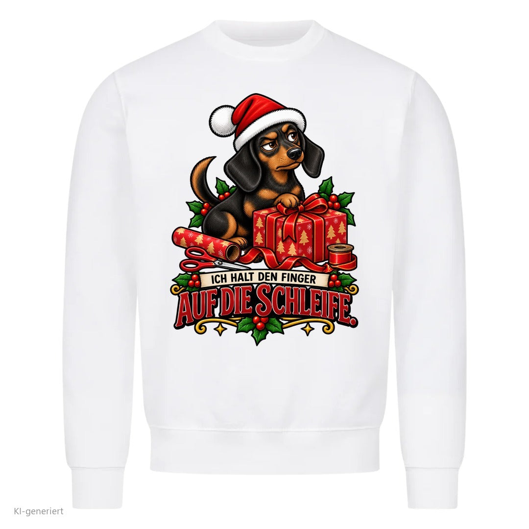 Partner Weihnachtspullover Dackel: Ich halt den Finger auf die Schleife - Sweatshirt in Weiß
