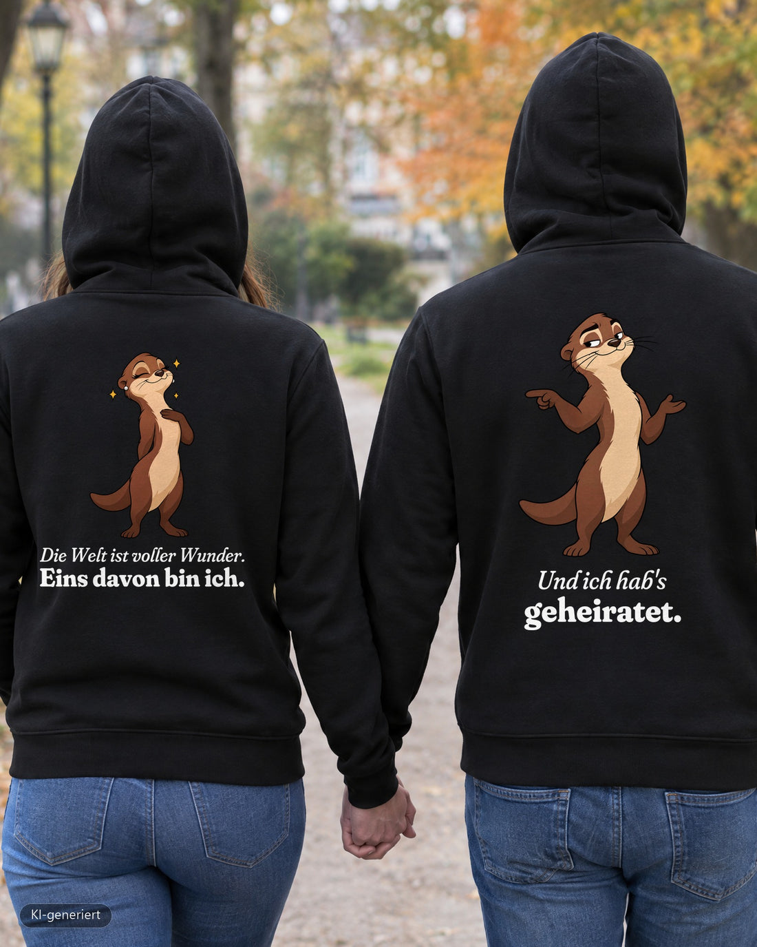 Welt voller Wunder Partnerlook Hoodies: Paar von hinten im Park, Rückendruck auf beiden Hoodies