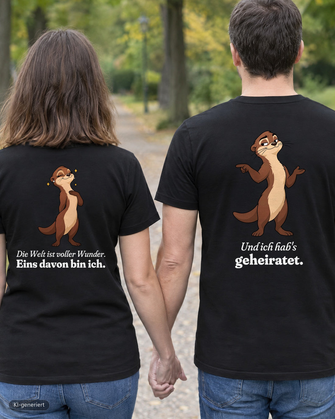Welt voller Wunder Partnerlook T-Shirts: Paar von hinten im Park, Rückendruck auf beiden Shirts
