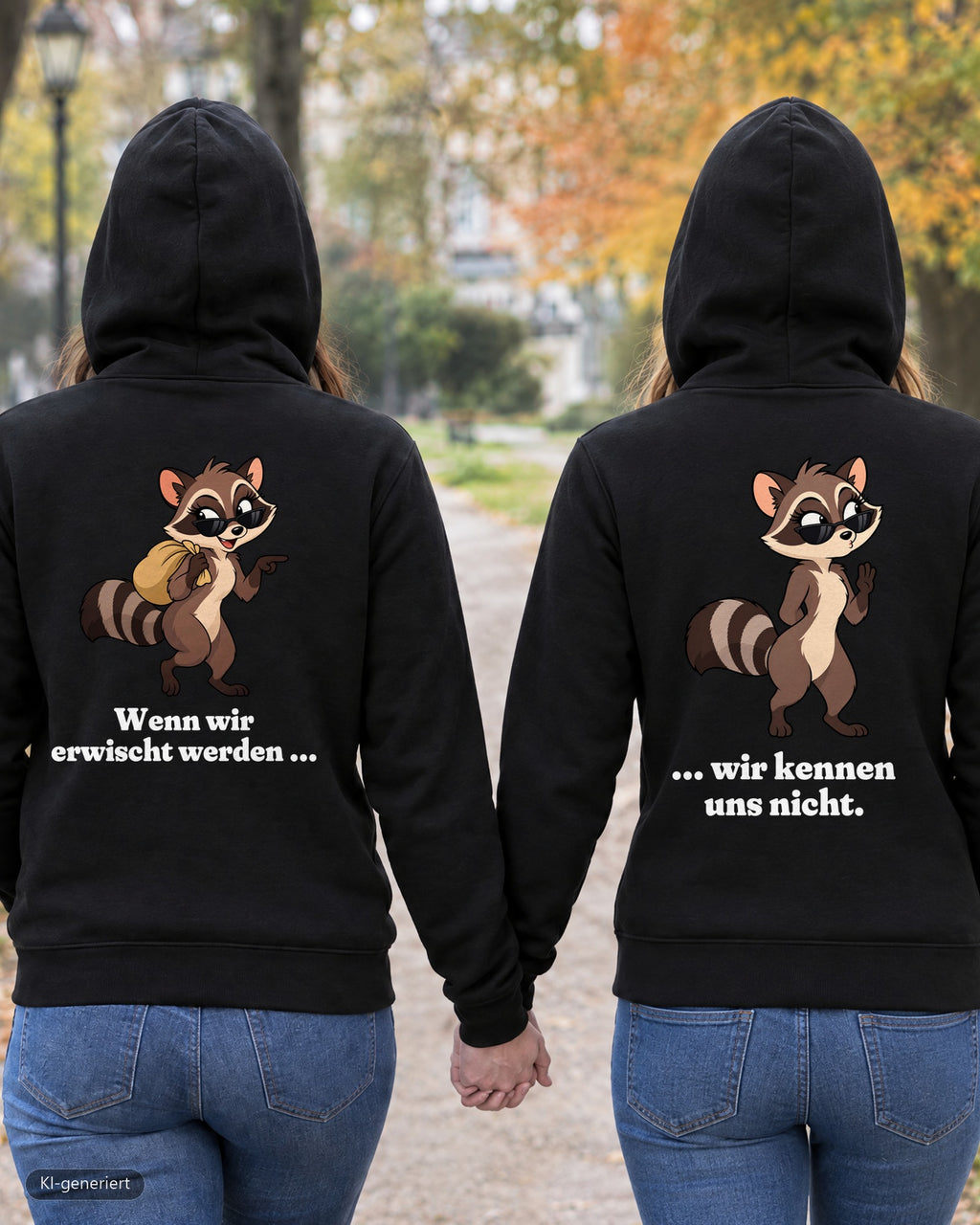 Zwei Freundinnen von hinten in passenden Hoodies „Wenn wir erwischt werden / Wir kennen uns nicht“ – KI-generiert