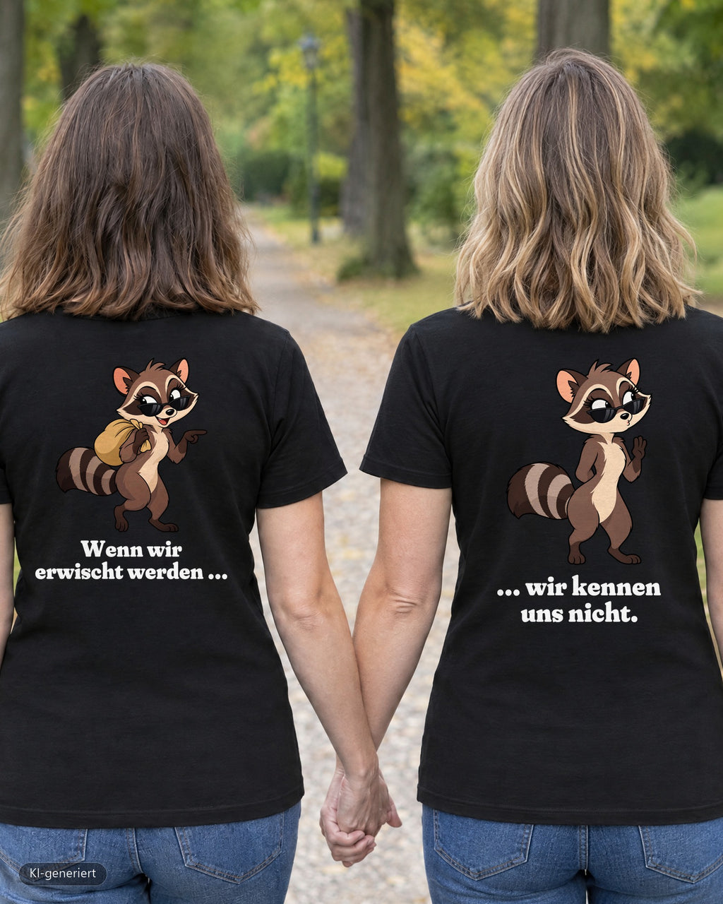 Zwei Freundinnen von hinten in passenden T-Shirts „Wenn wir erwischt werden / Wir kennen uns nicht“ – KI-generiert