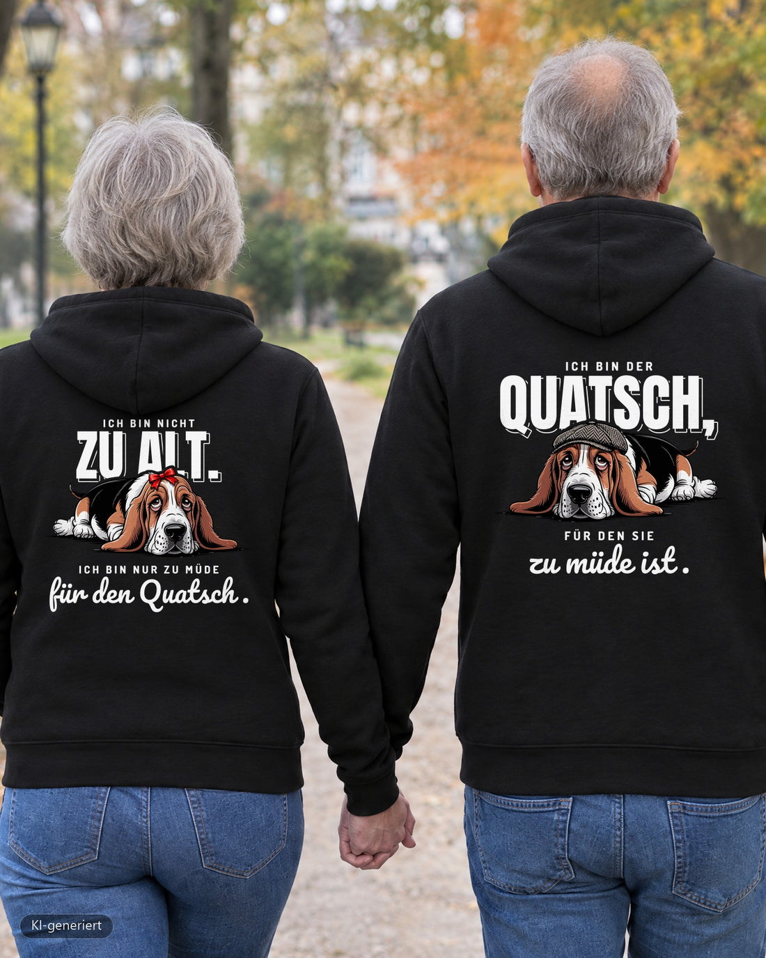 Rentnerpaar von hinten in passenden Hoodies „Ich bin nicht zu alt / Ich bin der Quatsch“ – KI-generiert