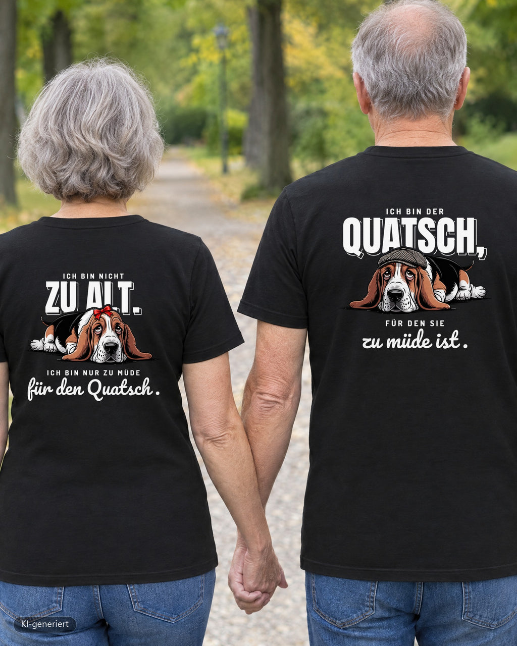 Rentnerpaar von hinten in passenden T-Shirts „Ich bin nicht zu alt / Ich bin der Quatsch“ – KI-generiert